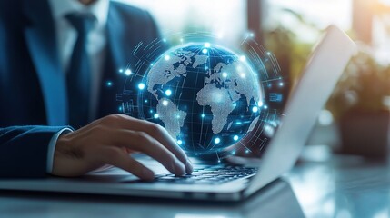 Poster - Professional Man Using Laptop with Global Network Concept