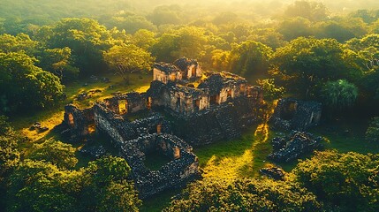 Ancient Mayan Ruins in Lush Jungle at Sunrise