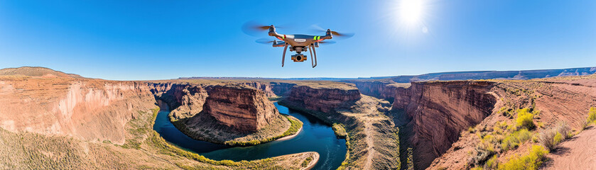 Poster - A drone captures a panoramic view of a winding river through canyon landscapes.