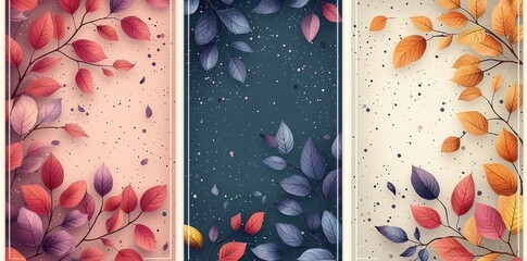 Wall Mural - Elegant pastel-toned leaves in red, blue, and orange arranged on dotted backgrounds in three panels with abstract elements Generative AI