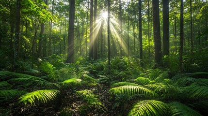 Wall Mural - sunbeams through the forest canopy illuminating ferns on the forest floor.