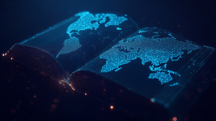 Poster - A modern vision of global education, shown with a glowing book made of geometric shapes and a map of the world on a dark blue background.low poly wireframe.