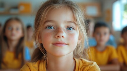 A young girl with blue eyes and freckles is smiling at the camera