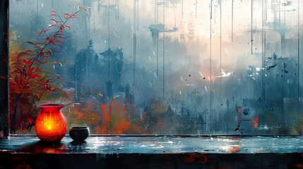 Wall Mural - Rainy Cityscape Through a Window