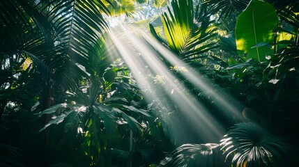 Wall Mural - sunlight beams through lush, green tropical foliage, creating a dramatic and mystical atmosphere.