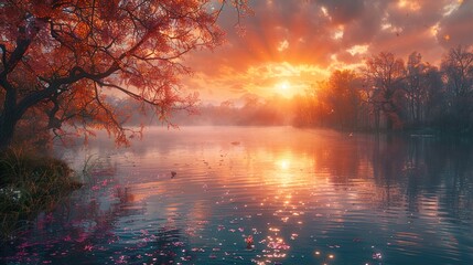 Sticker - Autumn Sunset Over a Tranquil Lake