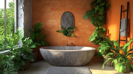 Wall Mural - Modern bathroom with freestanding stone bathtub, brick wall, plants and large window.