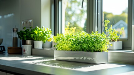 Poster - Fresh microgreens thrive in containers on a kitchen windowsill, basking in sunlight on a bright afternoon, creating a lively atmosphere. Generative AI