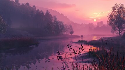 Sticker - Serene Sunset Over a Misty Lake and Forest