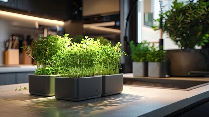 Poster - Fresh microgreens thrive in small containers on a countertop, illuminated by soft natural light in a contemporary kitchen space. Generative AI
