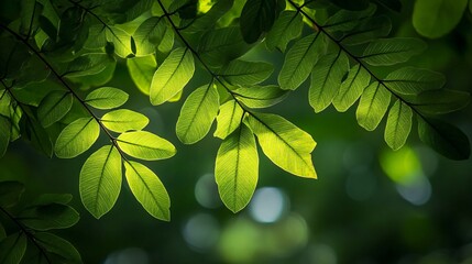 Wall Mural - sunlight shining through green leaves with a blurred background.