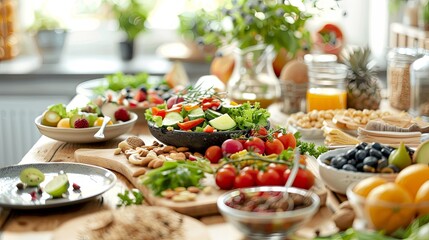 Aufkleber - A vibrant display of various healthy foods covers a wooden table, showcasing fresh fruits, vegetables, nuts, and beautifully plated meals. Generative AI