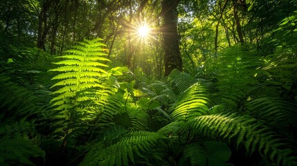 Wall Mural - sunlight shining through lush green ferns and trees in a dense forest.