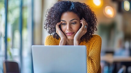 Canvas Print - Pensive Woman Working on Laptop in Cozy Environment