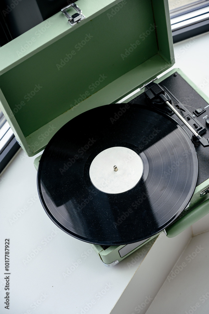 Beautiful Turntable with vinyl disc. top view of vintage record player ...