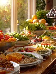 Aufkleber - A wooden table is filled with an array of colorful fruits, fresh vegetables, and wholesome meals, showcasing healthy eating habits. Generative AI