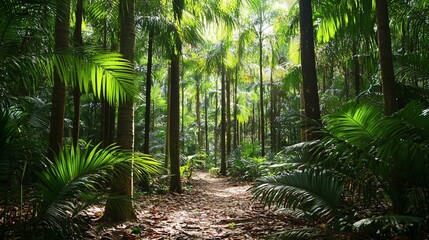 Wall Mural - sunlight shining through the dense canopy of a tropical rainforest, with a pathway leading through t