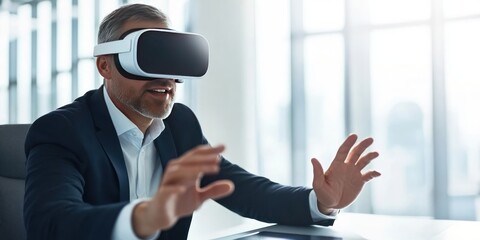 Poster - A man in a suit wearing a VR headset, engaged in a virtual experience.