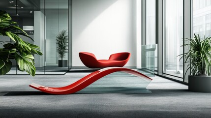 Sticker - A modern office space featuring a sleek red chair and a glass wave table among plants.