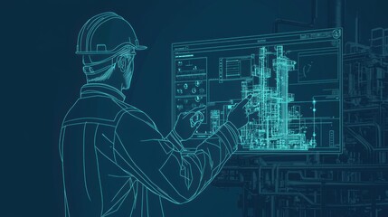 Futuristic Industrial Engineer Interacting with Holographic Digital Interface