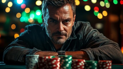 A man is sitting at a table with a pile of poker chips in front of him