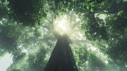 Wall Mural - sunlight shining through the leaves of a large tree in the forest.