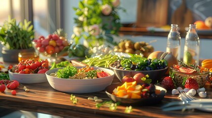 Aufkleber - A wooden table is filled with a colorful assortment of fresh fruits, vegetables, nuts, and nutritious meals, showcasing healthy eating. Generative AI