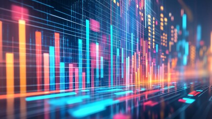 Data lines blurred with colorful 3D bars.