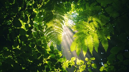 Wall Mural - sunlight streaming through lush green ferns and leaves in a forest.