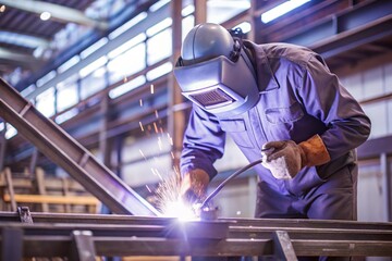 Industry and hard work. A welder in protective gear works with a welding machine for welding steel at the factory.