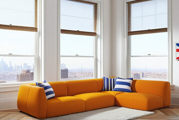 Minimalist,Modern style interior design of modern living room,large sofa,Yellow sofa,large window,Generative ai