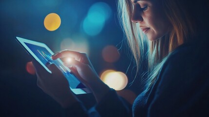 Poster - Young Woman Using Tablet in Urban Night Setting