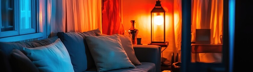 Poster - Cozy indoor space with soft lighting and a comfortable sofa.