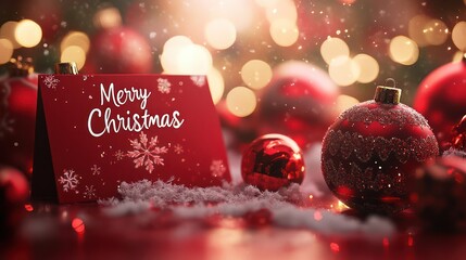 A red Christmas card with the words 'Merry Christmas' on it, surrounded by red ornaments and snow, with a sparkling bokeh background.