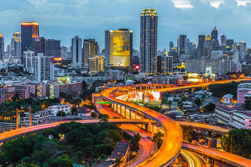 Aerial view Bangkok city skyline and skyscraper, Bangkok City metropolis downtown business and financial, Beautiful Bangkok city, Thailand.