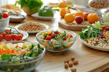 Aufkleber - The wooden table is filled with colorful fruits, fresh vegetables, and healthy meals, showcasing a vibrant array of nutritious options. Generative AI