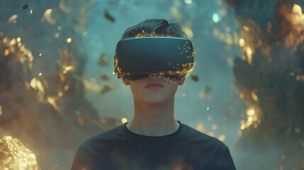 Aufkleber - Young man in VR headset, immersive digital environment, tech and gaming focus.