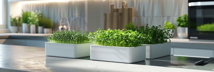 Poster - Fresh microgreens are nurtured in white trays on a kitchen countertop, showcasing their green vitality in bright sunlight. Generative AI