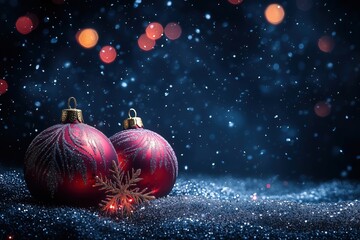 2 beautiful red christmas baubles with silver glittery patterns and gold bauble cap, standing on the golden glitter surface. Blue blurry background with bokeh snow and lights. Copy space. Postcard. 