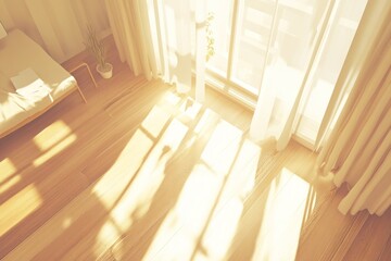 Poster - Sunlit interior with wooden floor and curtains creating soft shadows.