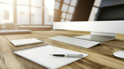 Wall Mural - A modern workspace featuring a computer, stationery, and a wooden desk.