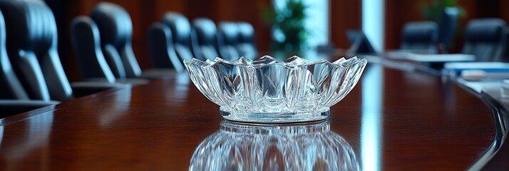 Sticker - A polished conference room with a crystal bowl placed on a wooden table.