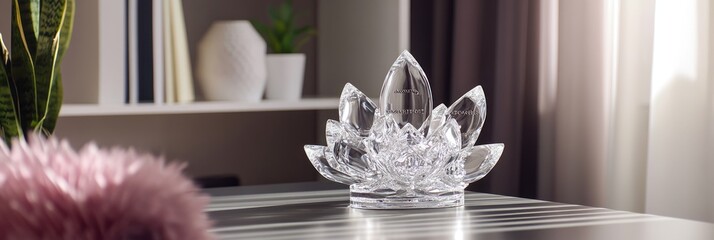 Wall Mural - A crystal lotus sculpture placed on a table, enhancing the modern decor of a room.