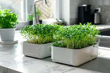 Poster - Microgreens thrive in natural light on a marble kitchen counter, surrounded by vibrant herbs in elegant pots, showcasing freshness. Generative AI