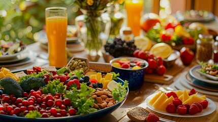 Poster - Diverse array of fresh fruits, vegetables, and nuts beautifully arranged on a wooden table, highlighting healthy eating choices. Generative AI