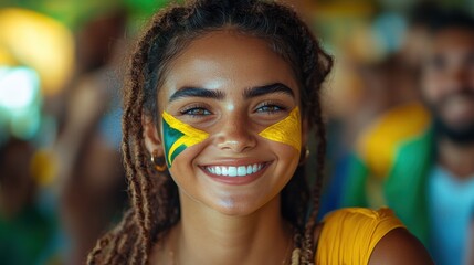 A radiant young woman, face painted with bright colors, smiles widely, embodying festive spirit and cultural pride at a lively celebration.