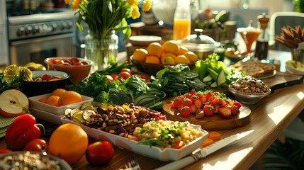 Aufkleber - A wooden table is abundantly set with an array of fresh fruits, vegetables, nuts, and well-balanced meals, inviting a healthy lifestyle. Generative AI
