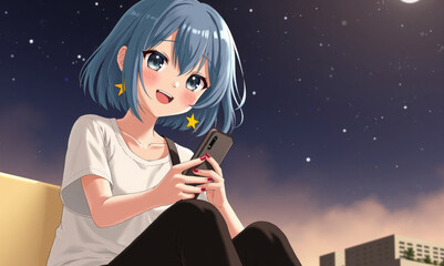 Wall Mural - a girl with blue hair is looking at a phone.