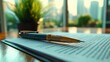 © Iona - Pen hovers above a printed contract in a sunlit office, signifying decision-making and the weight of commitments amid a cityscape through tall windows.