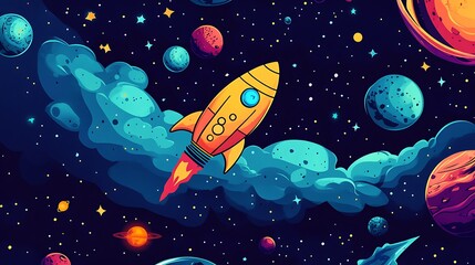 Poster - A yellow rocket ship flies through a dark blue space with colorful planets and stars.